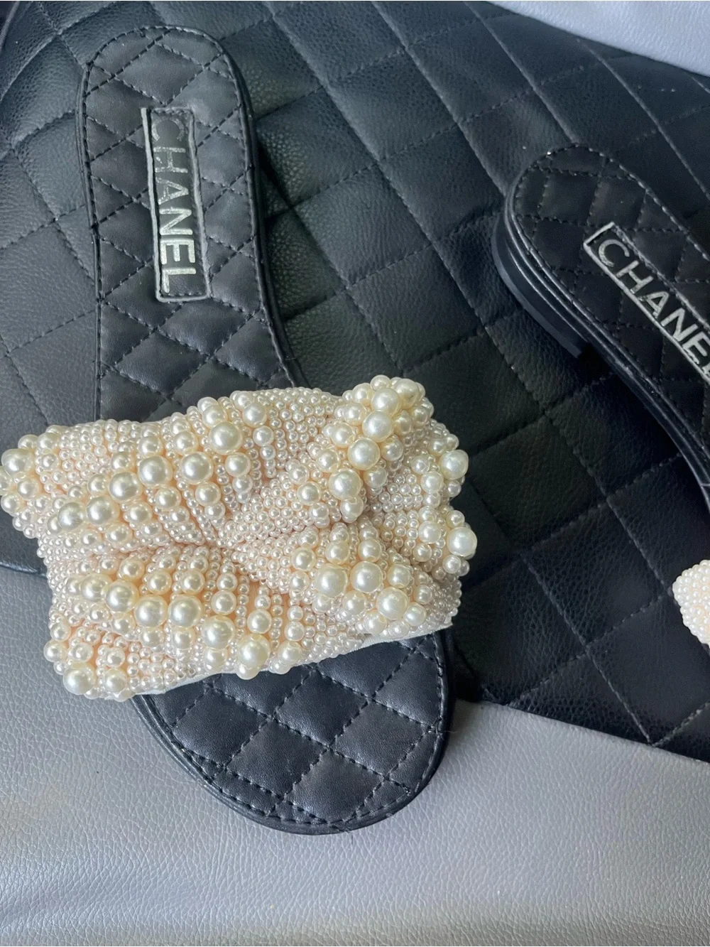 CHANEL Pearl-Embellished Black Slide Sandals with Ivory Beaded Straps